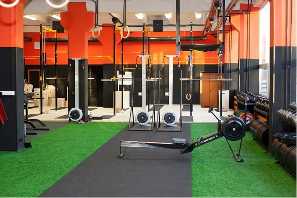 Классический зал функционального тренинга: гребной тренажер Concept 2, тяжелые веса, на заднем плане – GHD, рамы с гимнастическими кольцами и грифами, плиобоксы